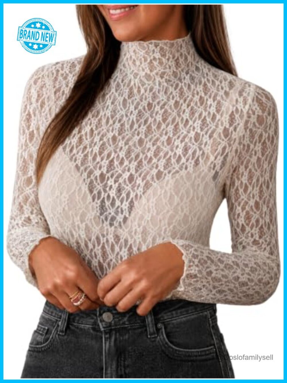 Women's Lace Mesh Sheer Mock Neck Long Sleeve Blouse